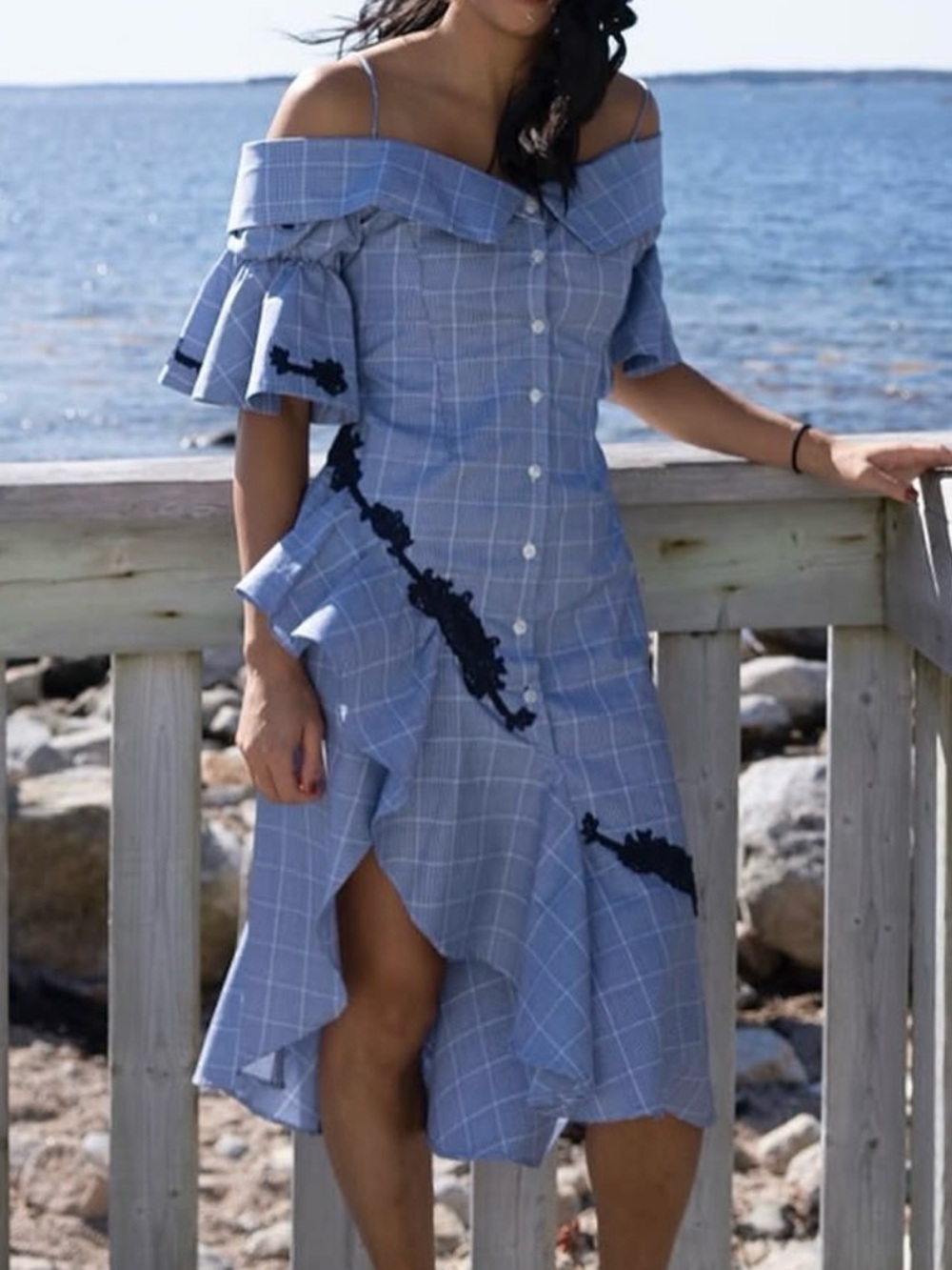 Blue Plaid Off-Shoulder High-Low Dress with Black Lace Trim